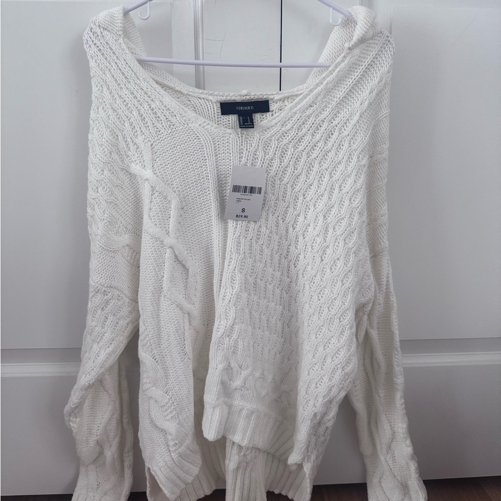 Forever 21 White V-Neck Cable Knit Sweater